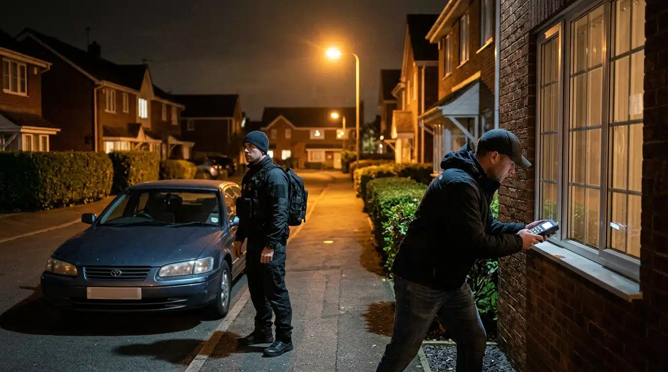 Deux individus piratant le signal d'une clé de voiture la nuit