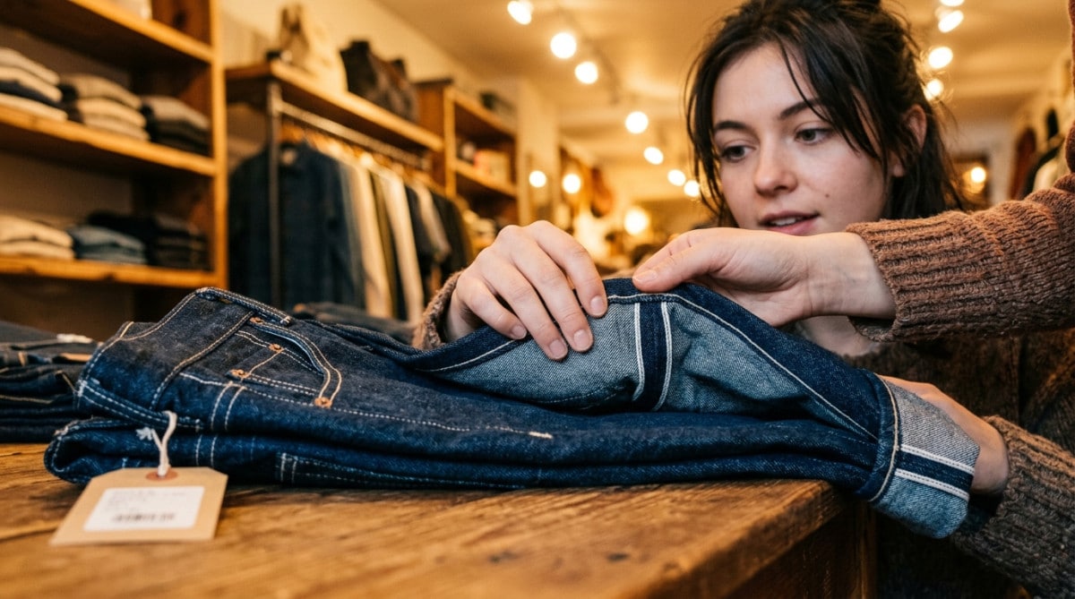 Client examinant un jean Levi's 501 en boutique
