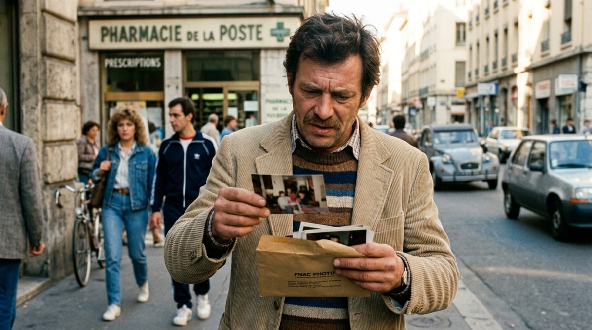 Client ouvrant son enveloppe de photos développées