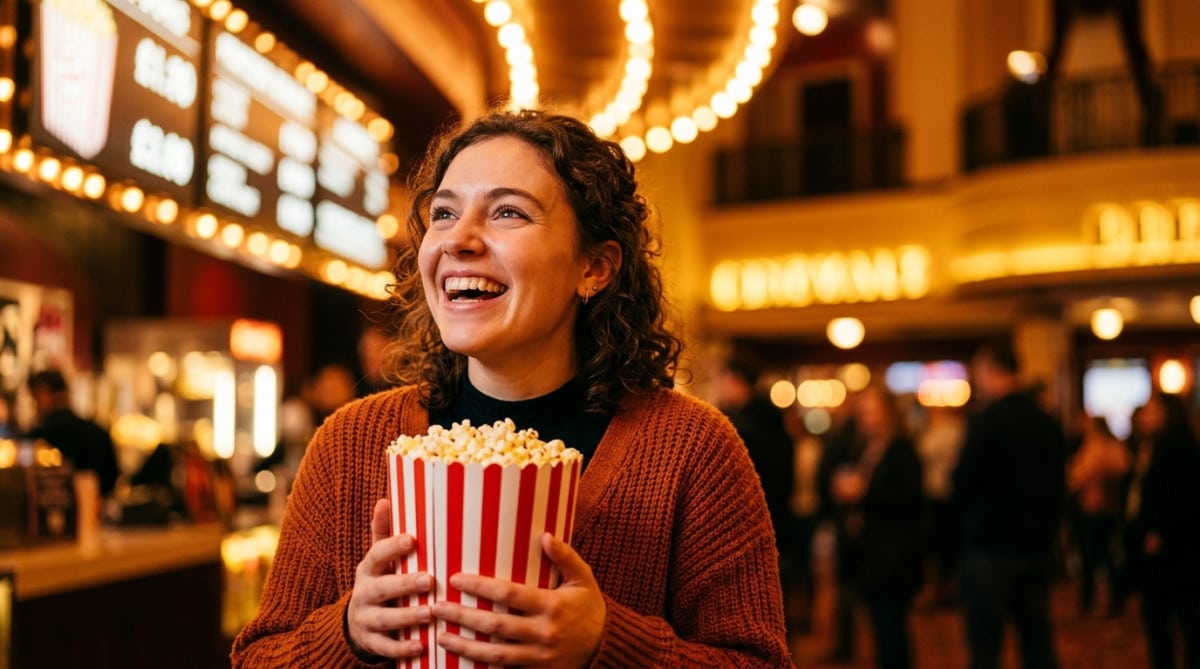 Client souriant tenant un grand pop-corn au cinéma