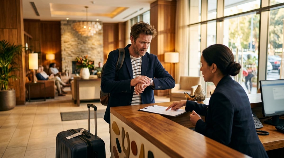 Client stressé à la réception d'un hôtel
