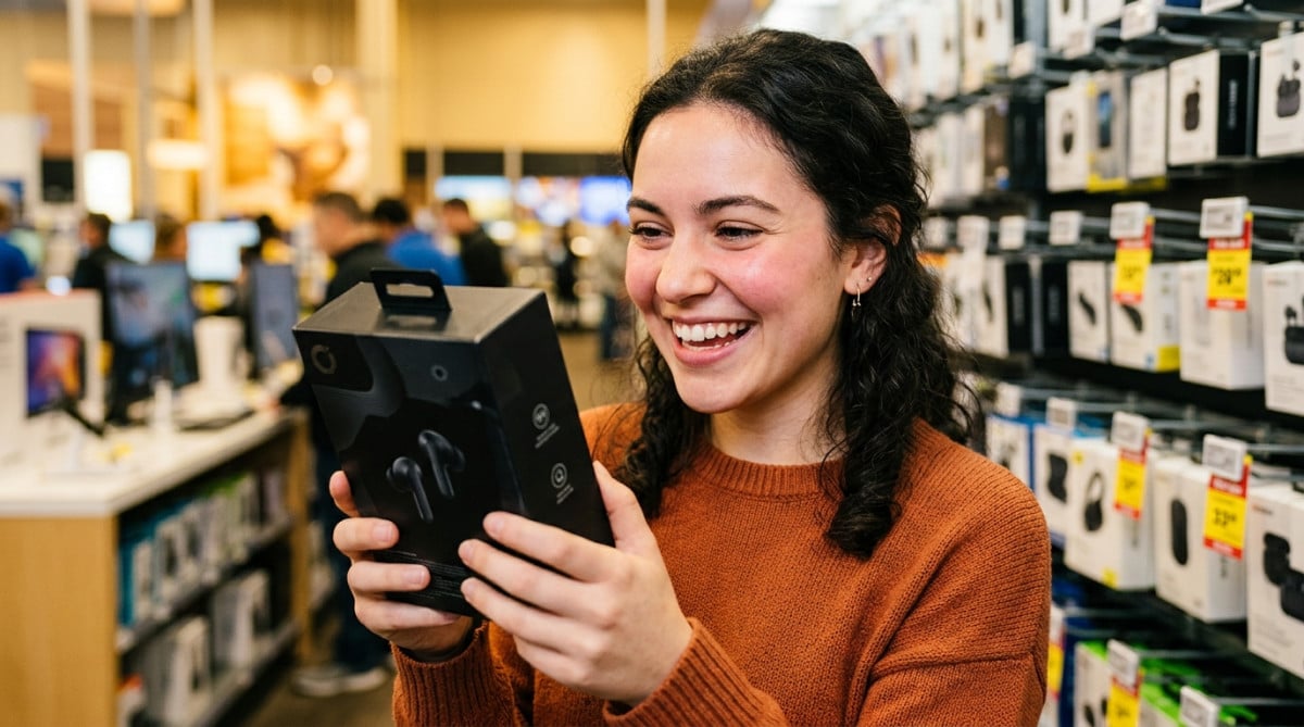 Client tenant une boîte d'écouteurs premium en magasin