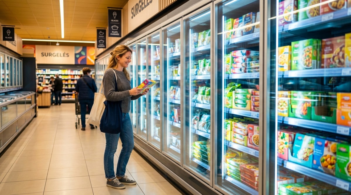 Cliente devant des vitrines modernes de surgelés en 2026