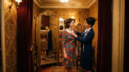 Cliente essayant une robe avec vendeuse en 1965