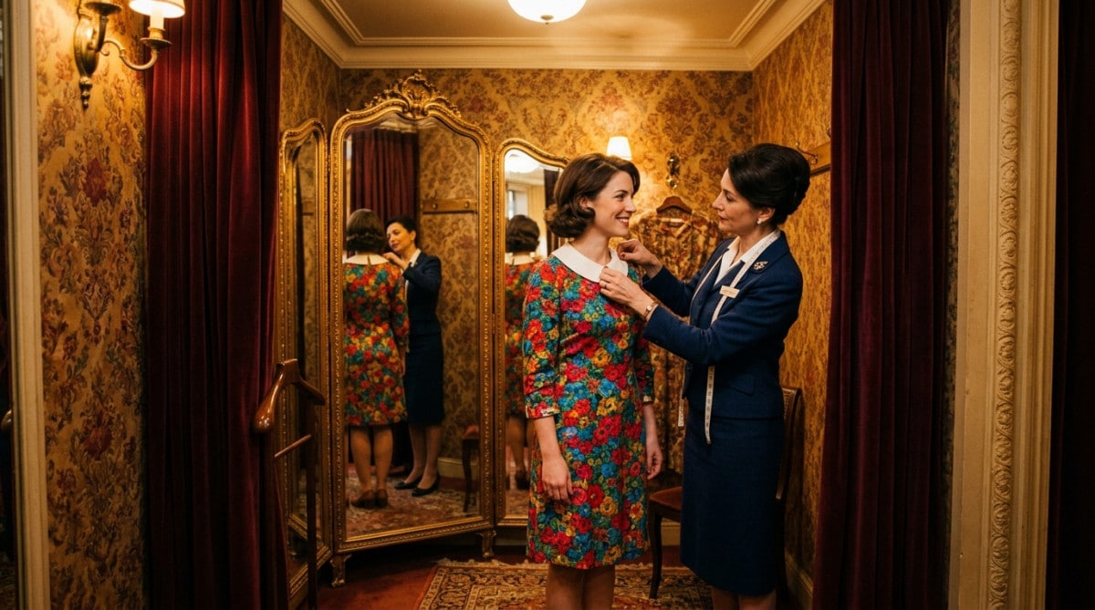 Cliente essayant une robe avec vendeuse en 1965