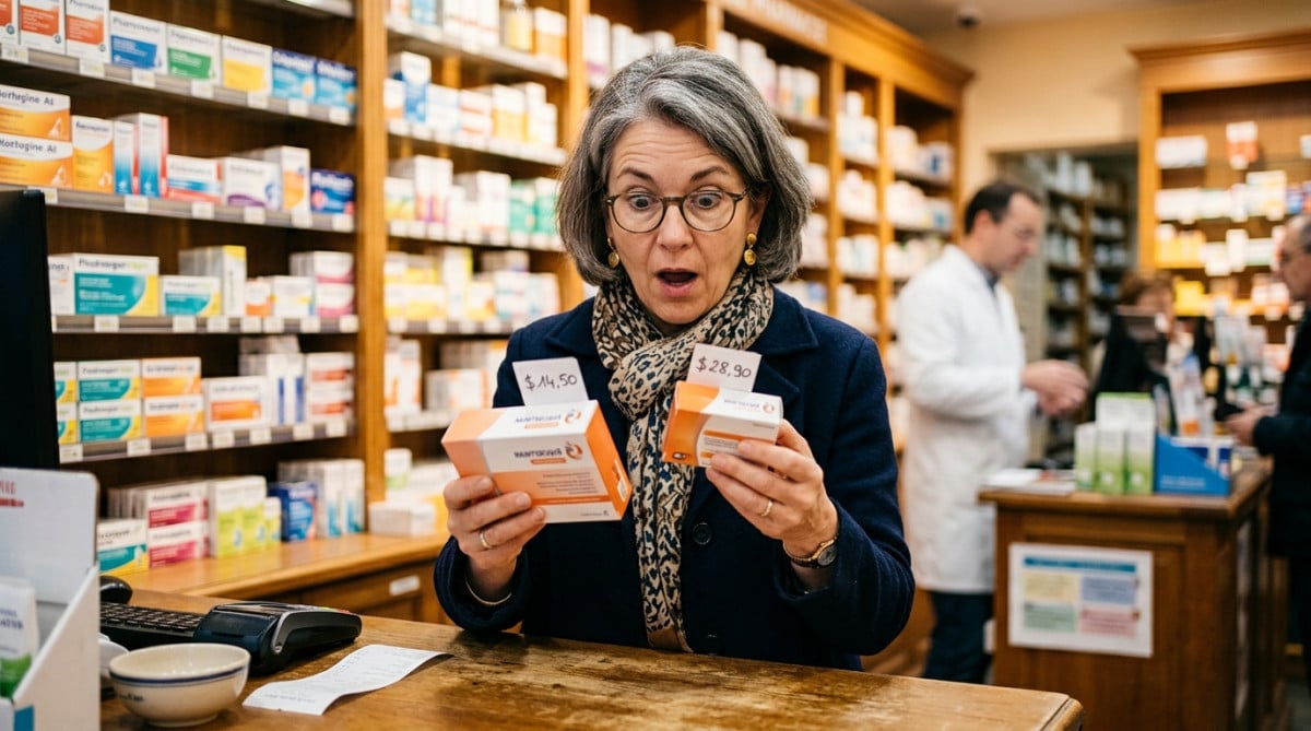 Cliente surprise comparant les prix de deux médicaments