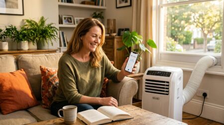 Femme vérifiant sa consommation électrique sur smartphone