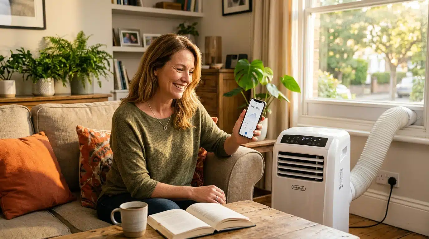 Femme vérifiant sa consommation électrique sur smartphone