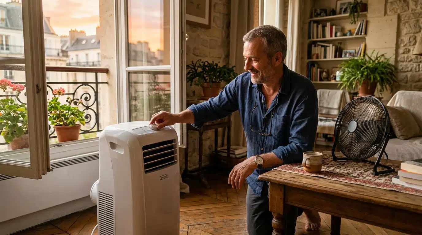 Homme réglant la température de sa climatisation mobile