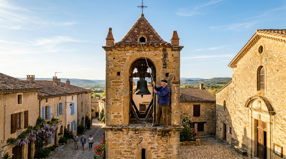 Clocher d'église française sonnant les trois coups d'amorce