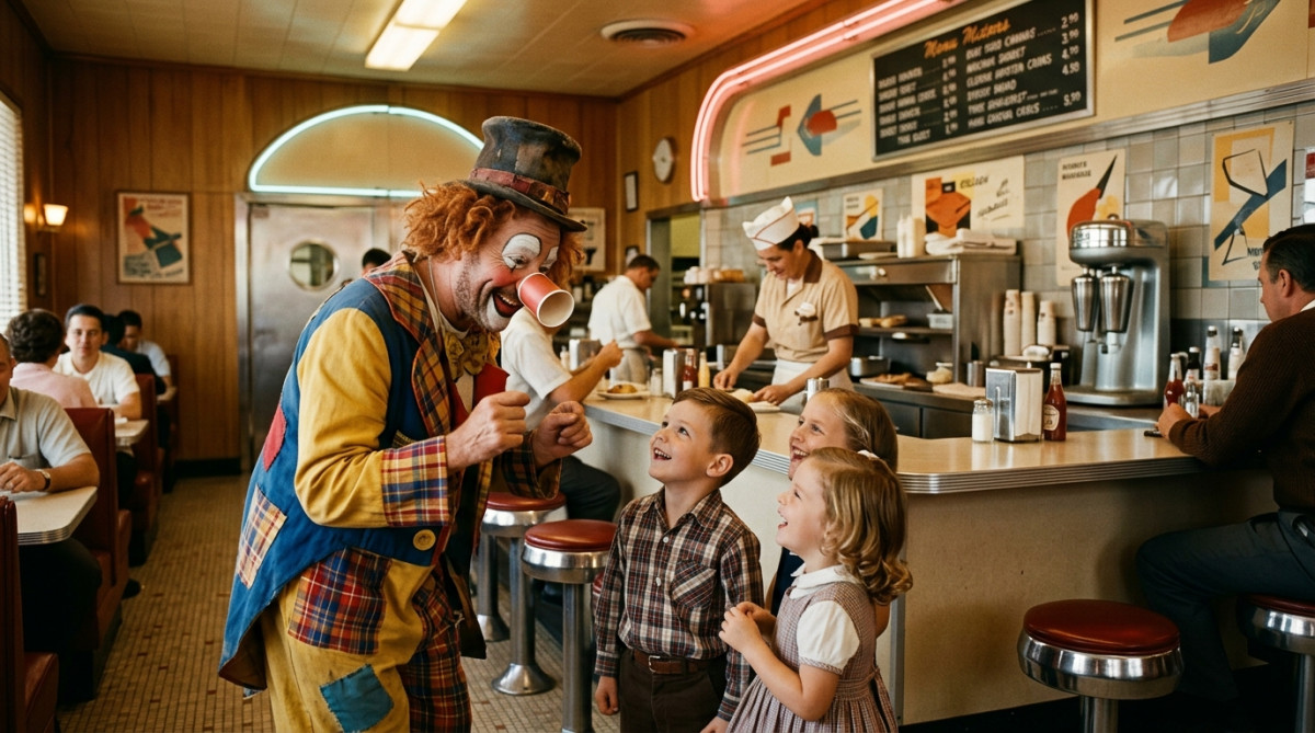 Clown vintage avec nez en carton dans un diner américain