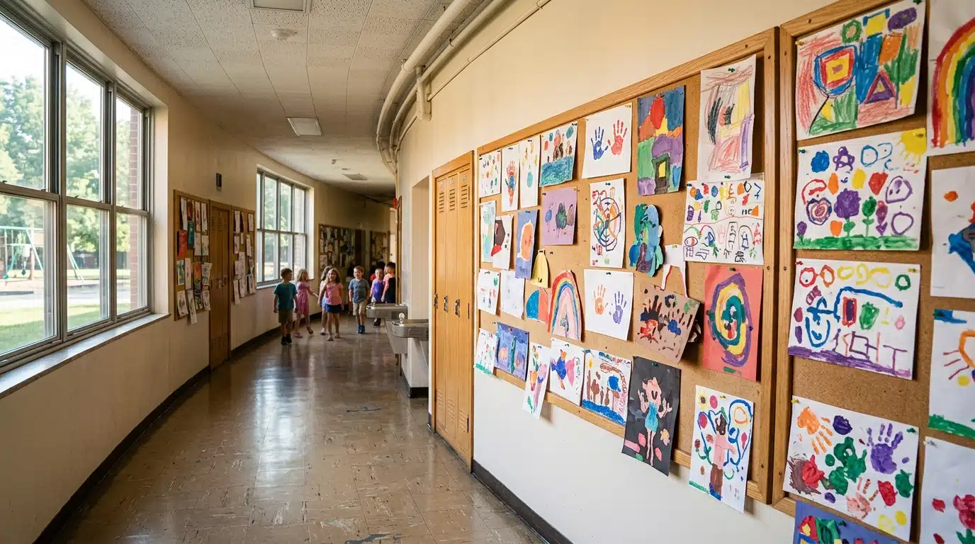 Couloir d'école décoré de dessins d'enfants en hommage