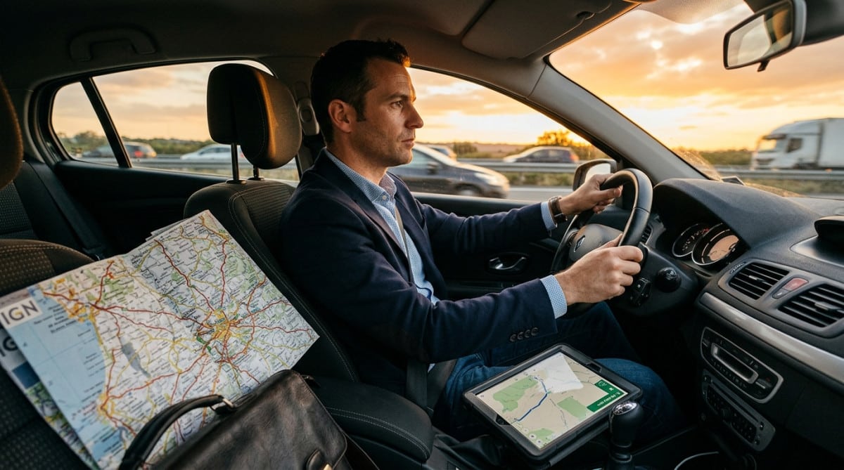 Commercial itinérant au volant sur la route