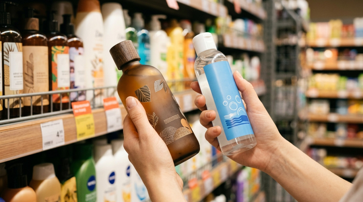 Comparaison de deux flacons de gel douche en rayon supermarché