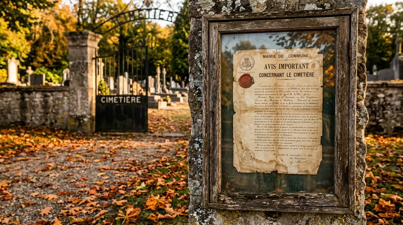 Panneau d'affichage officiel à l'entrée d'un cimetière français