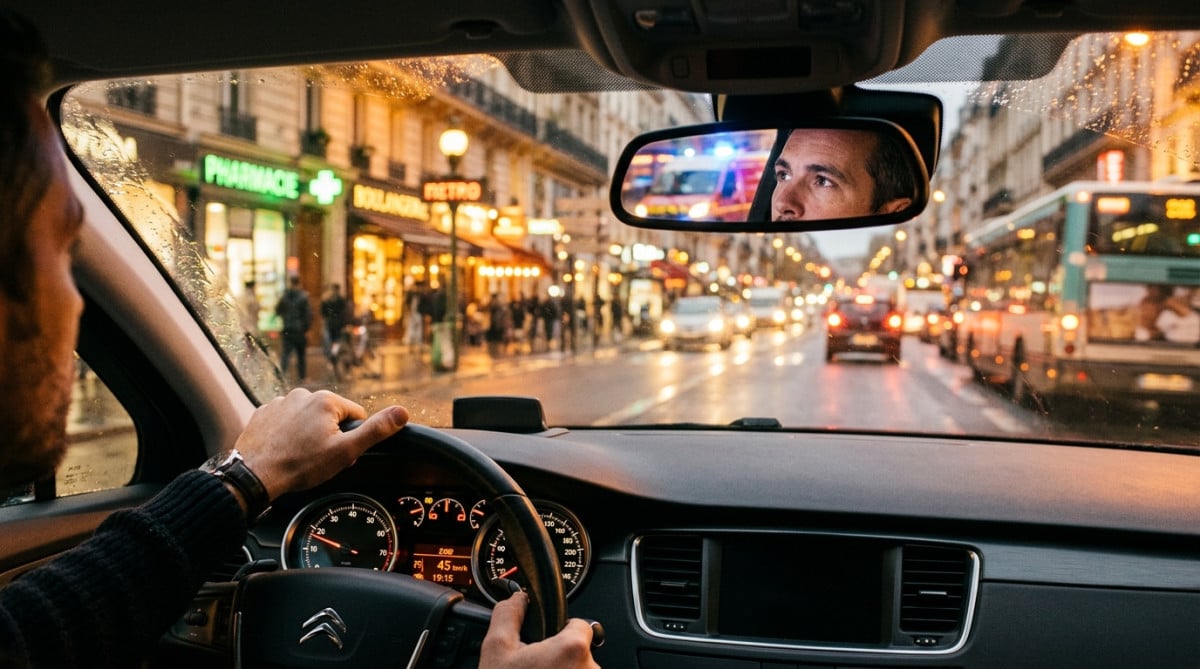 Conducteur regardant son rétroviseur avec lumières d'ambulance