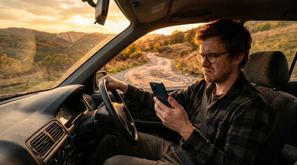 Conducteur regardant son téléphone sans réseau en voiture