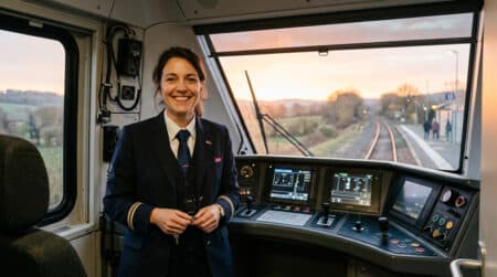 Conductrice de train souriante dans sa cabine au lever du jour