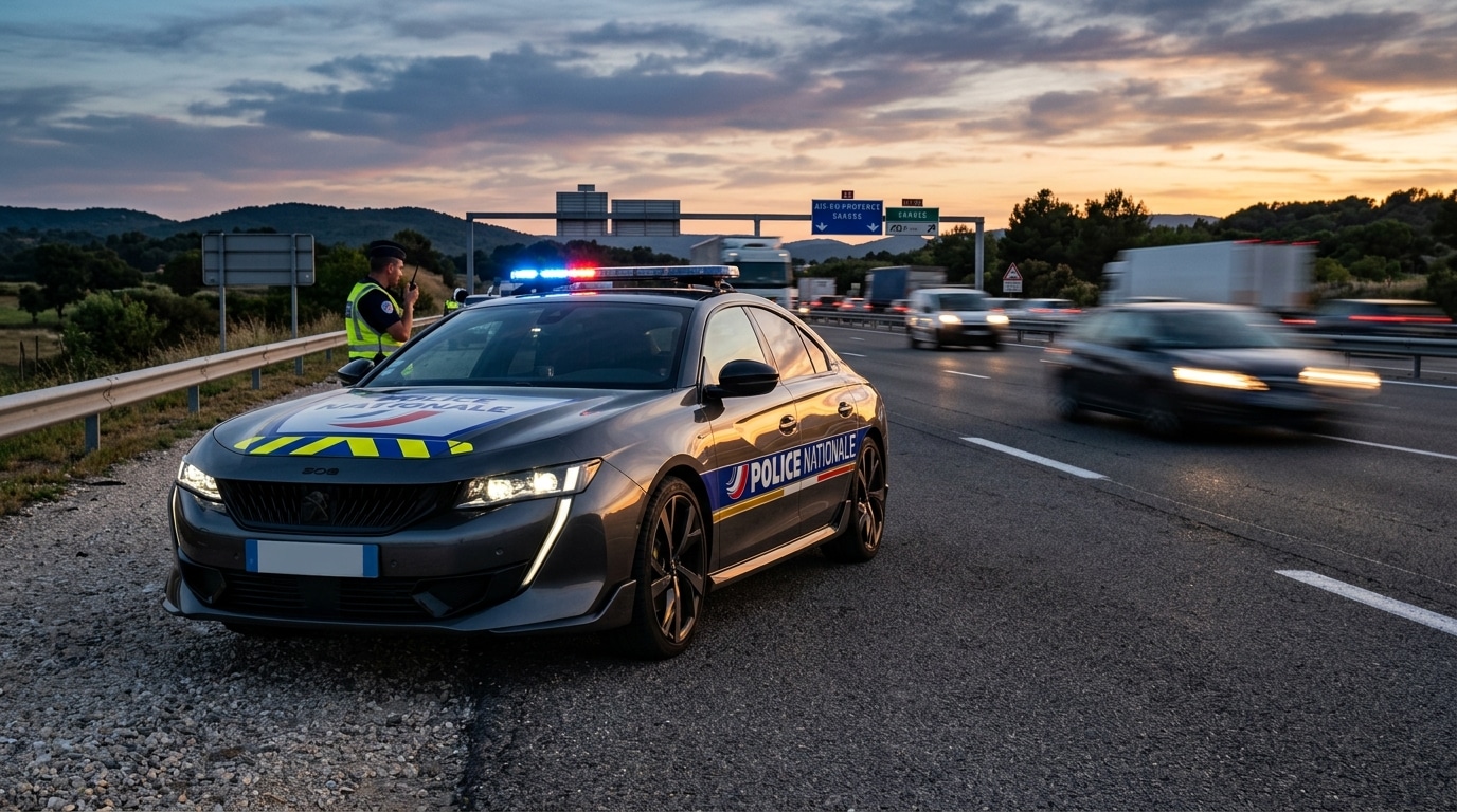 Berline sportive grise banalisée gendarmerie sur autoroute