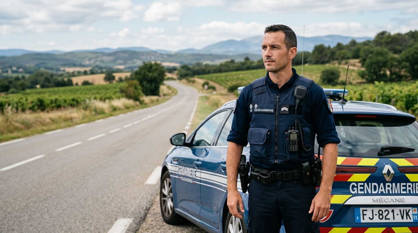 Gendarme en uniforme près de son véhicule de patrouille