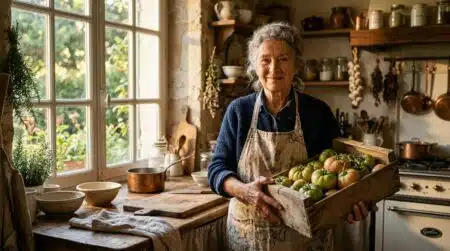 Femme âgée triant des tomates dans une cagette en bois