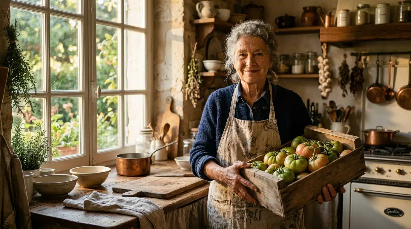 Femme âgée triant des tomates dans une cagette en bois