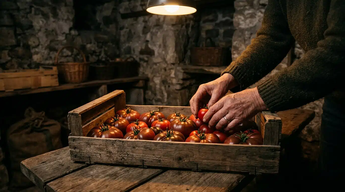 Mains disposant des tomates en une seule couche dans une cave