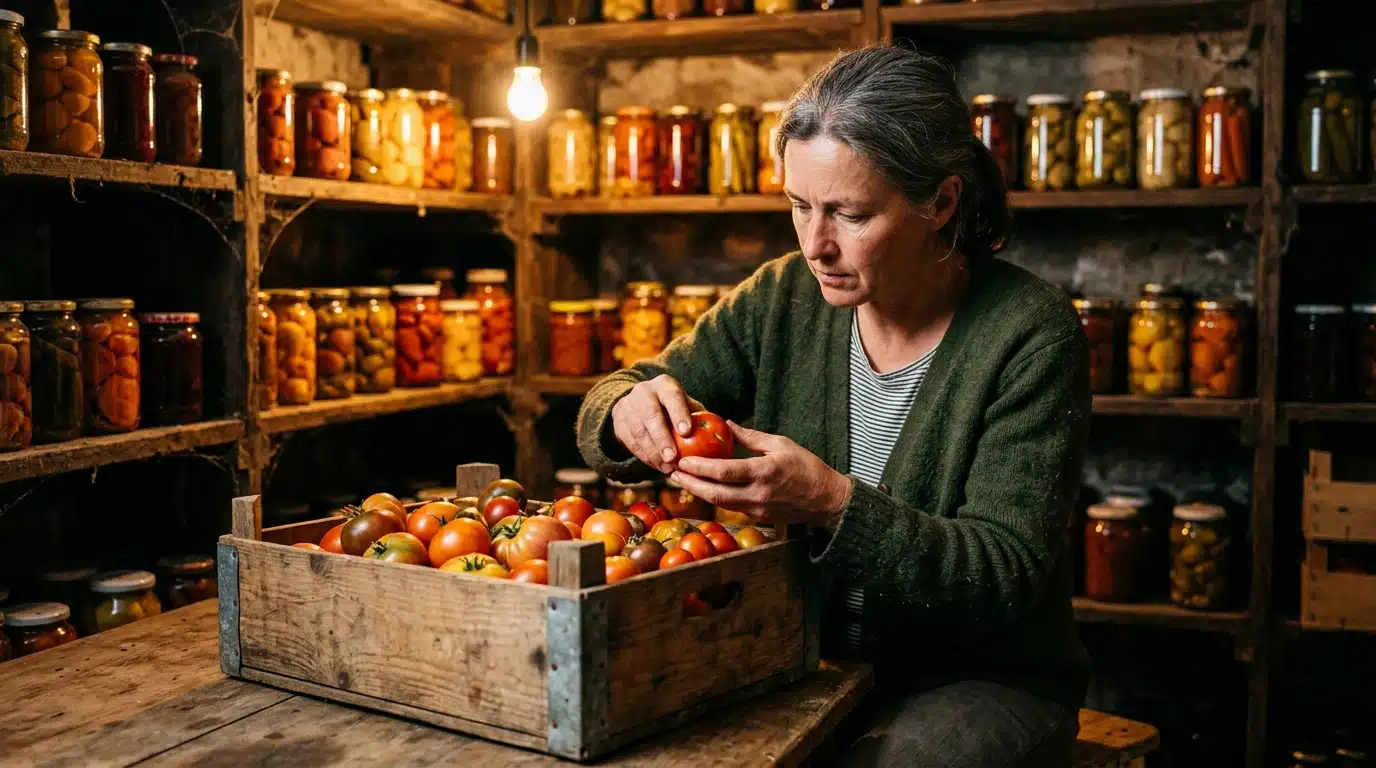 Femme inspectant des tomates une par une dans une cagette
