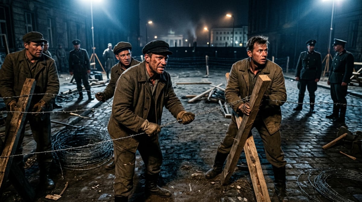 Construction du mur de Berlin en pleine nuit 1961