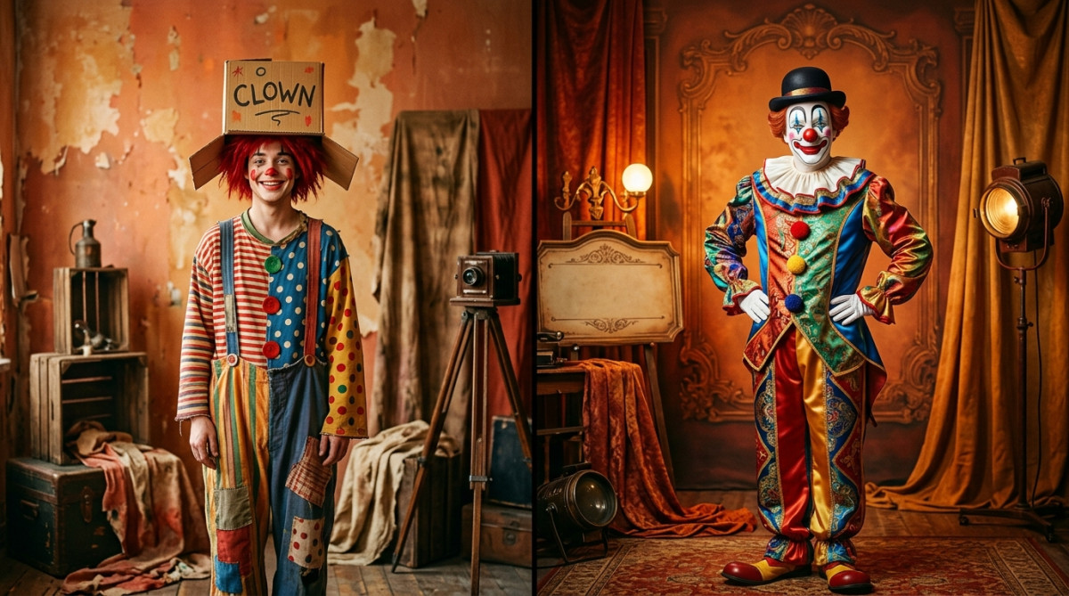 Contraste entre costume artisanal et costume professionnel de clown