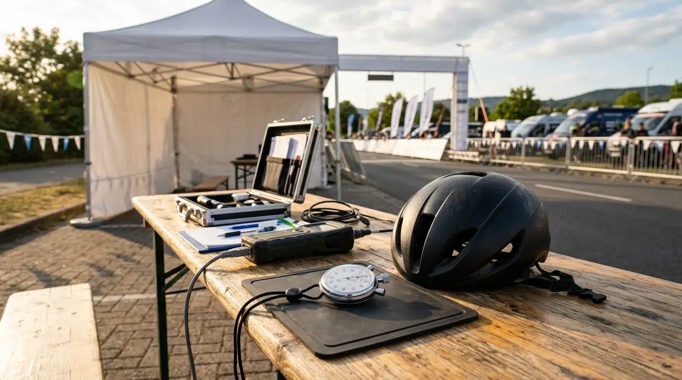 Casque et chronomètre posés près d'une ligne d'arrivée