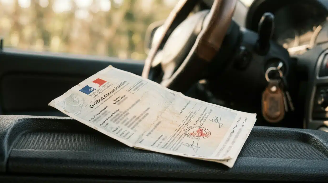 Carte grise posée sur le tableau de bord d'une voiture