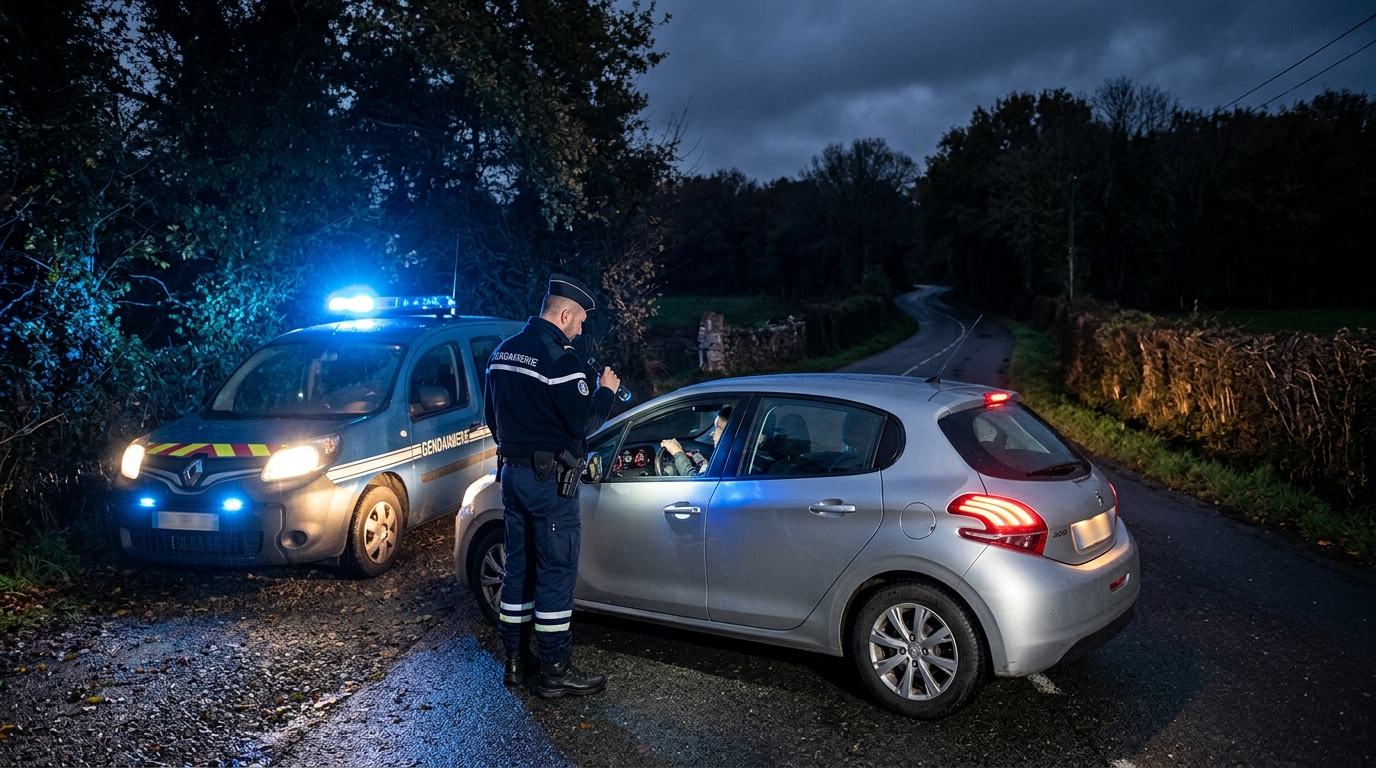 Contrôle routier de nuit avec gyrophares de police