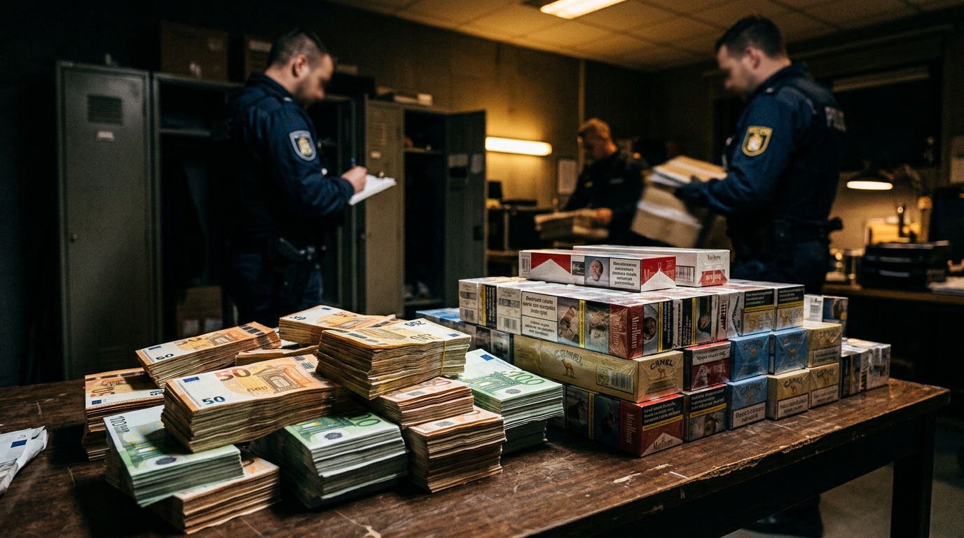 Liasse de billets et cartouches de cigarettes saisies