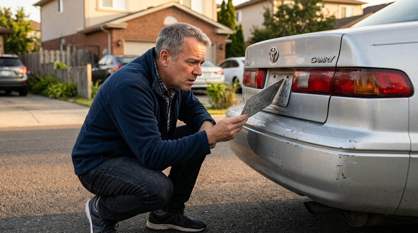 Homme vérifiant la fixation de sa plaque d'immatriculation