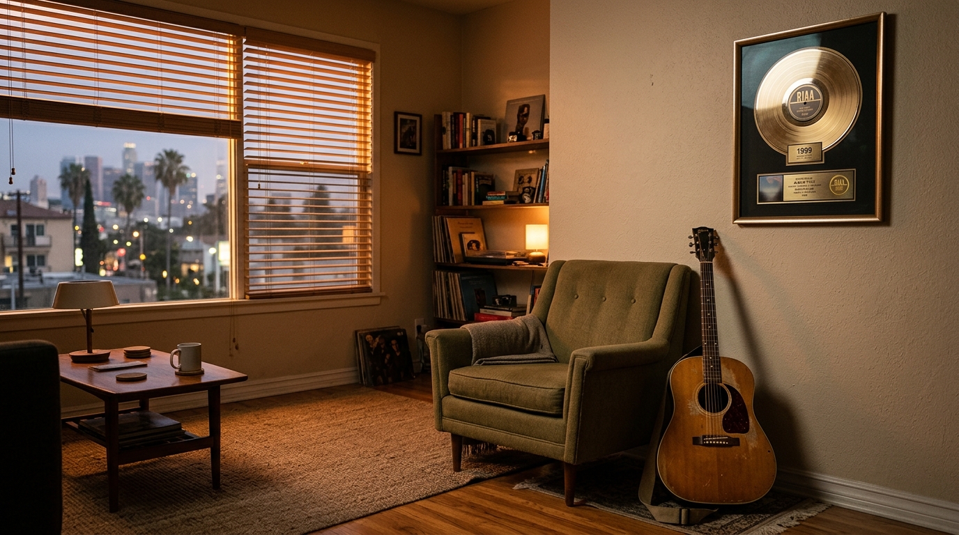 Appartement vide avec disque d'or accroché au mur