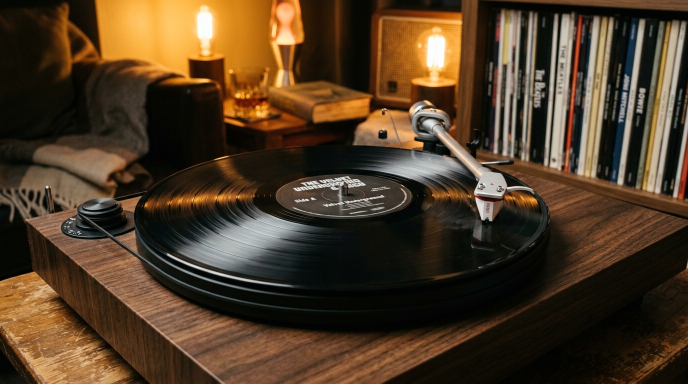 Vinyle tournant sur une platine dans une ambiance dorée et nostalgique