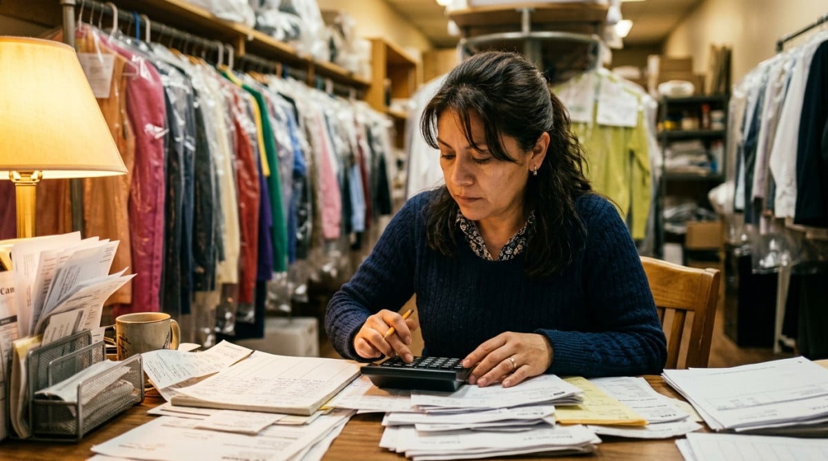 Corinne calculant son budget mensuel dans son pressing