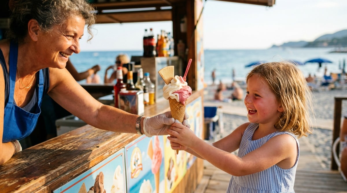 Cornet de glace italienne vanille fraise à la plage