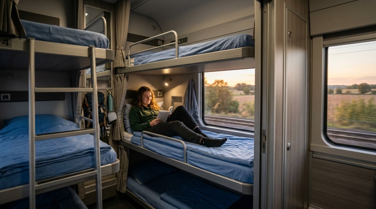 Couchette moderne dans un train de nuit en 2026