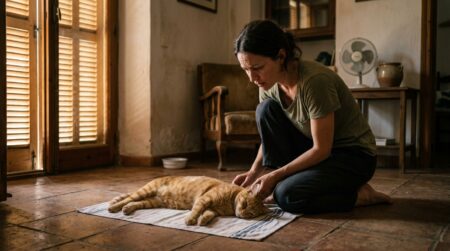 Chat allongé léthargique dans une pièce fraîche en canicule