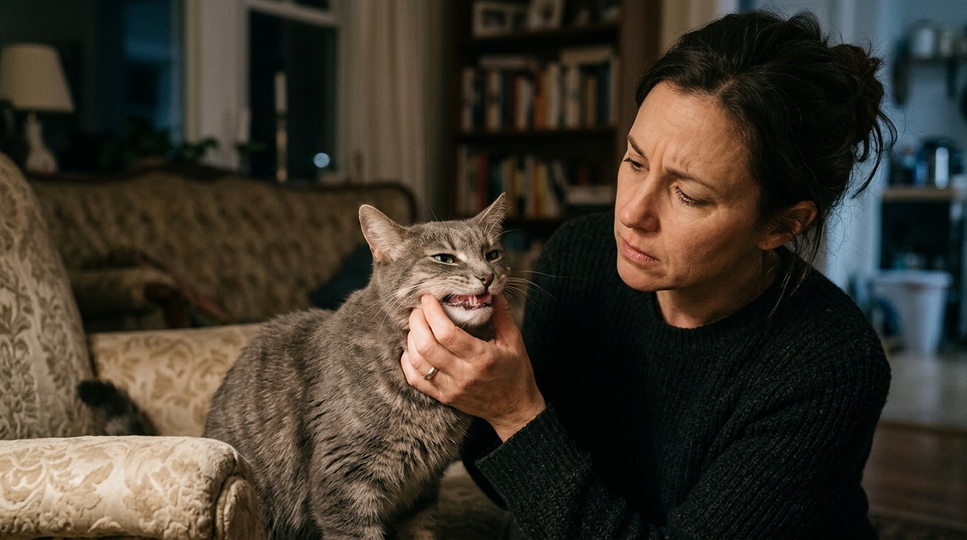 Femme vérifiant la couleur des gencives de son chat