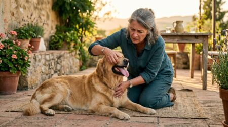 Femme vérifiant les gencives de son chien pour un coup de chaleur
