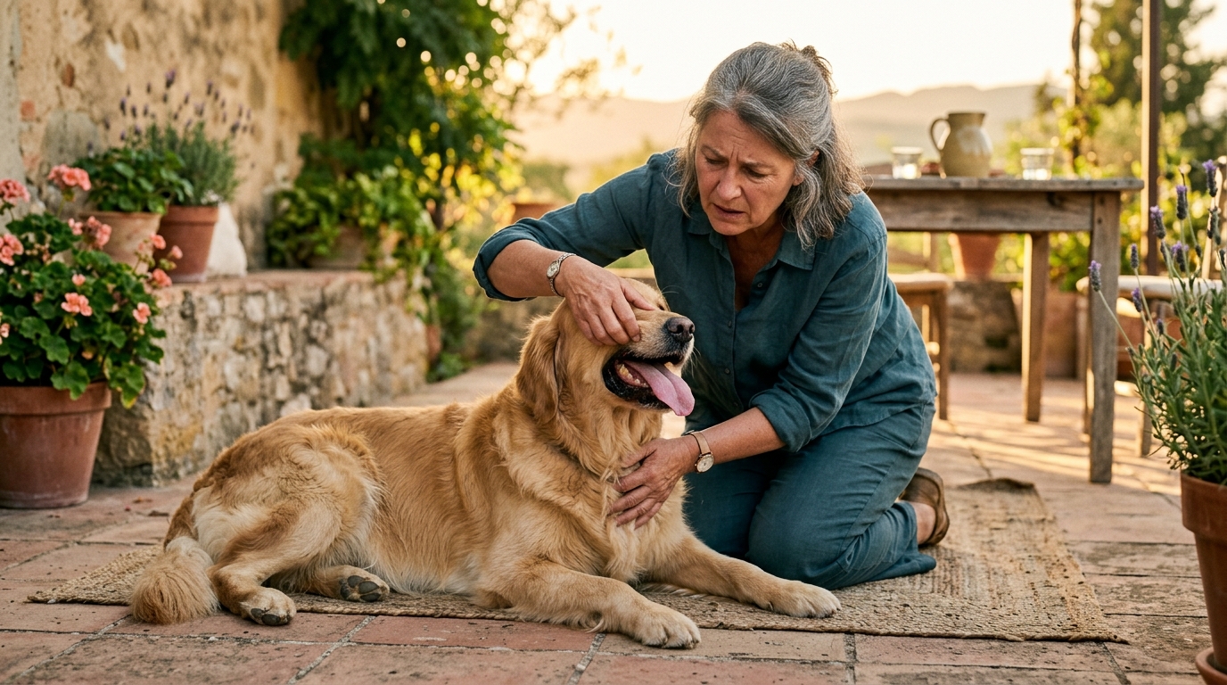 Femme vérifiant les gencives de son chien pour un coup de chaleur