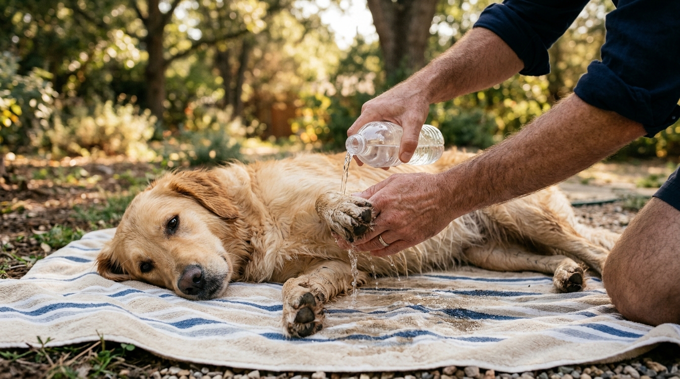 Main versant de l'eau tiède sur les pattes d'un chien