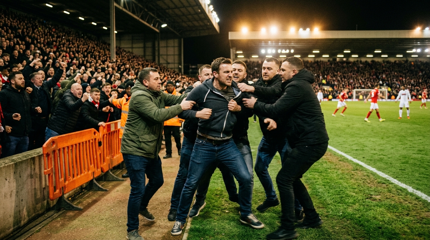Un homme maîtrisé par des supporters près du terrain