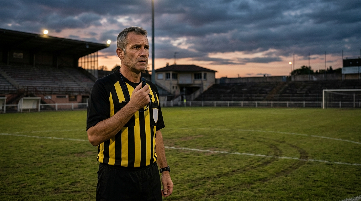 Arbitre de football seul sur la pelouse au crépuscule