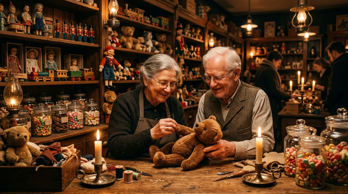 Couple cousant le premier ours en peluche