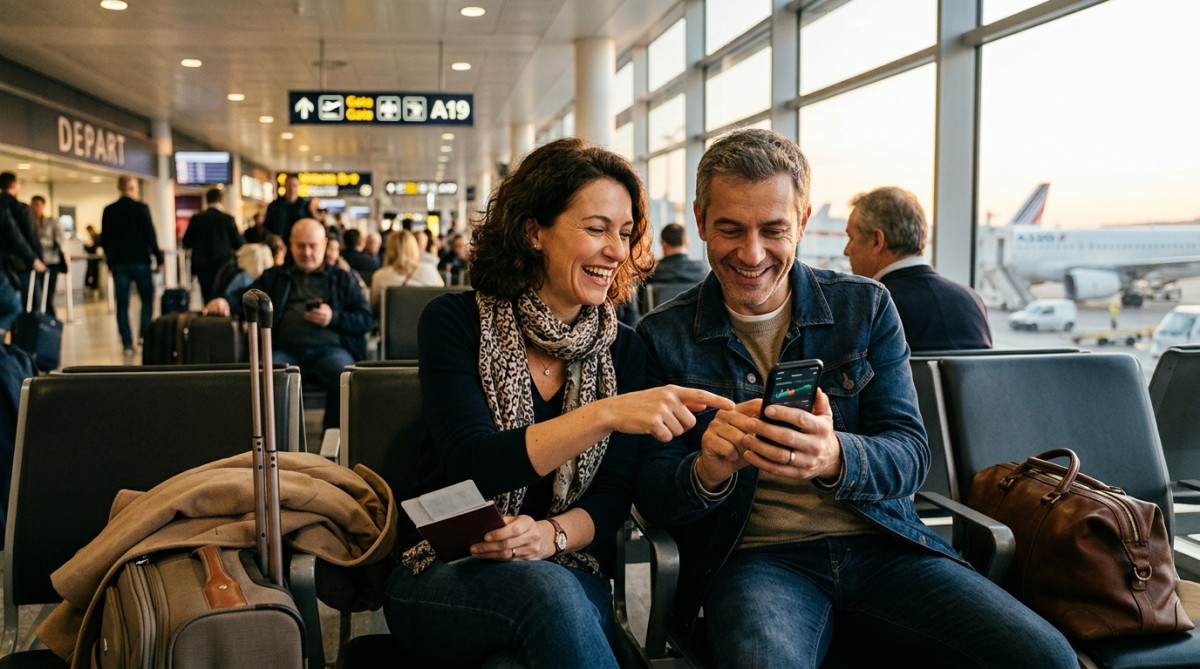 Couple français consultant son budget voyage à l'aéroport