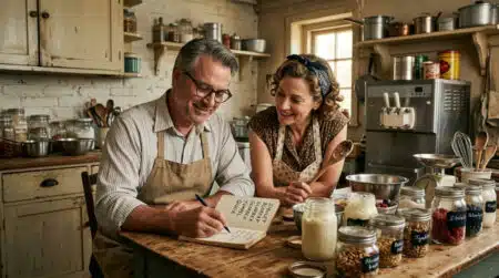 Couple inventant le nom Häagen-Dazs dans une cuisine vintage